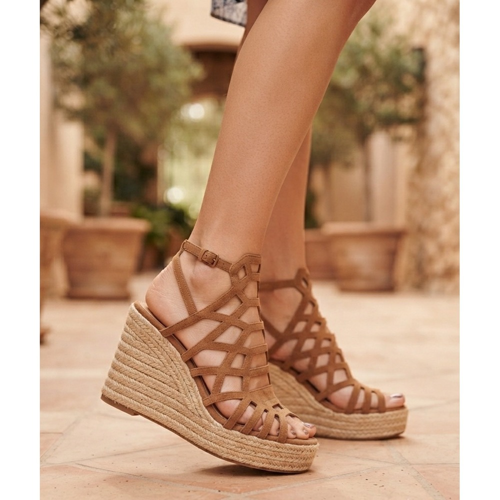 Schutz Tan Suede Cage Espadrille Wedge Sandals Platform Ankle Strap Size 9.5 40